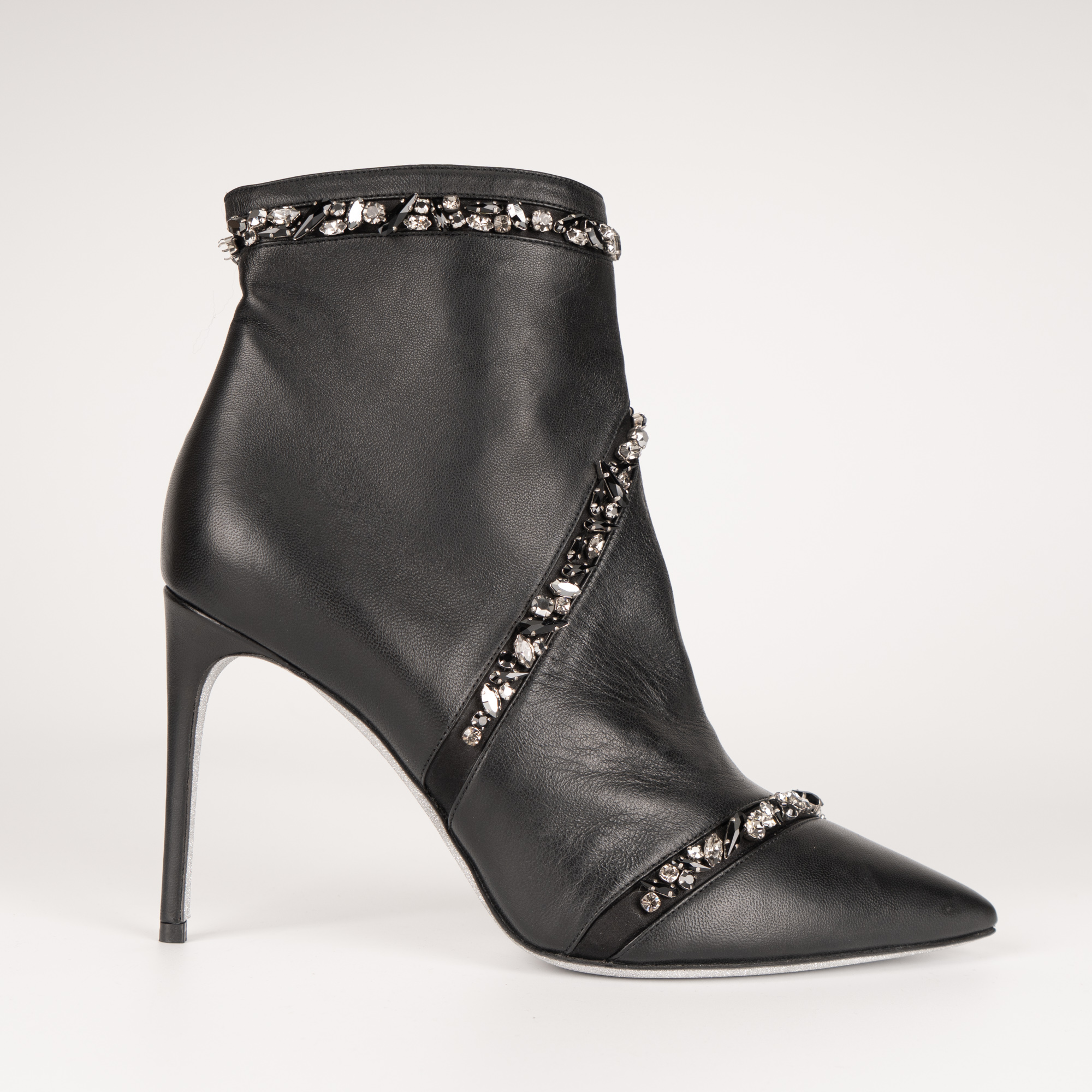 Rene Caovilla Freda Crystal-Embellished Leather Ankle Boots Black Women US 10