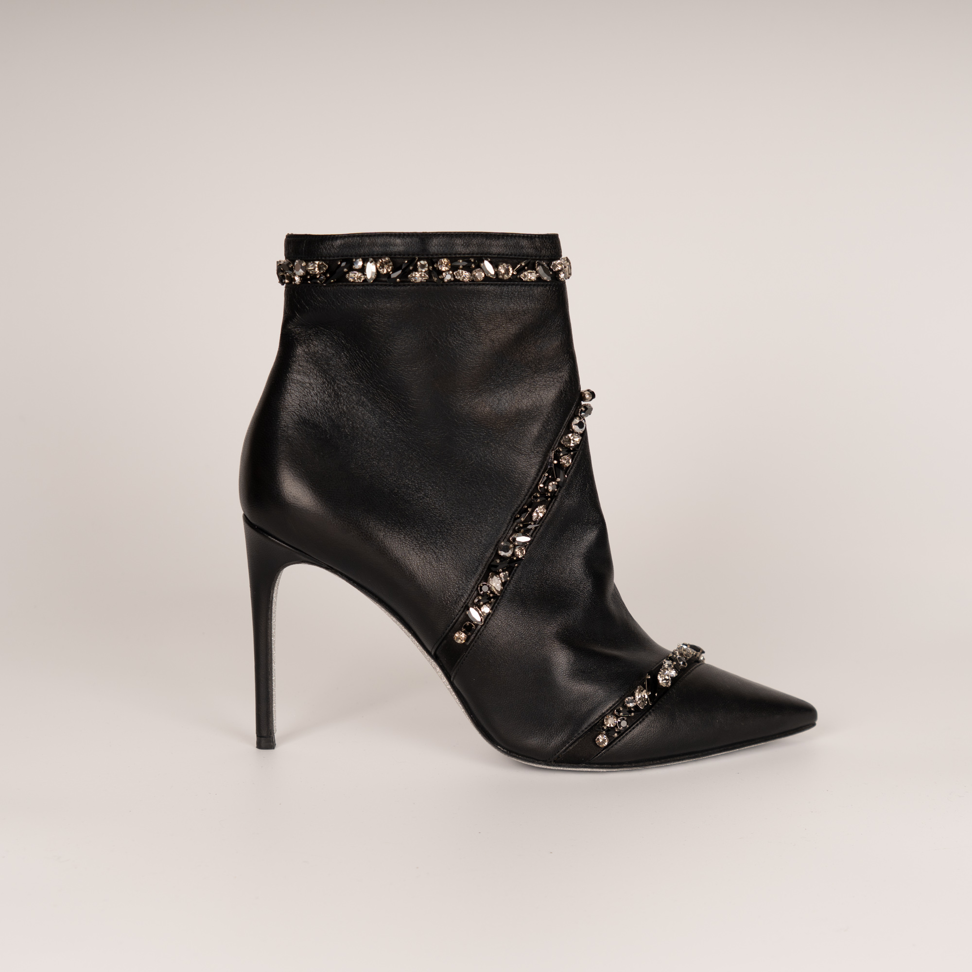 Rene Caovilla Freda Crystal Leather Ankle Boots Black Women US 10